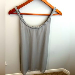 Grey chiffon, fully lined dress with twist-detail straps.